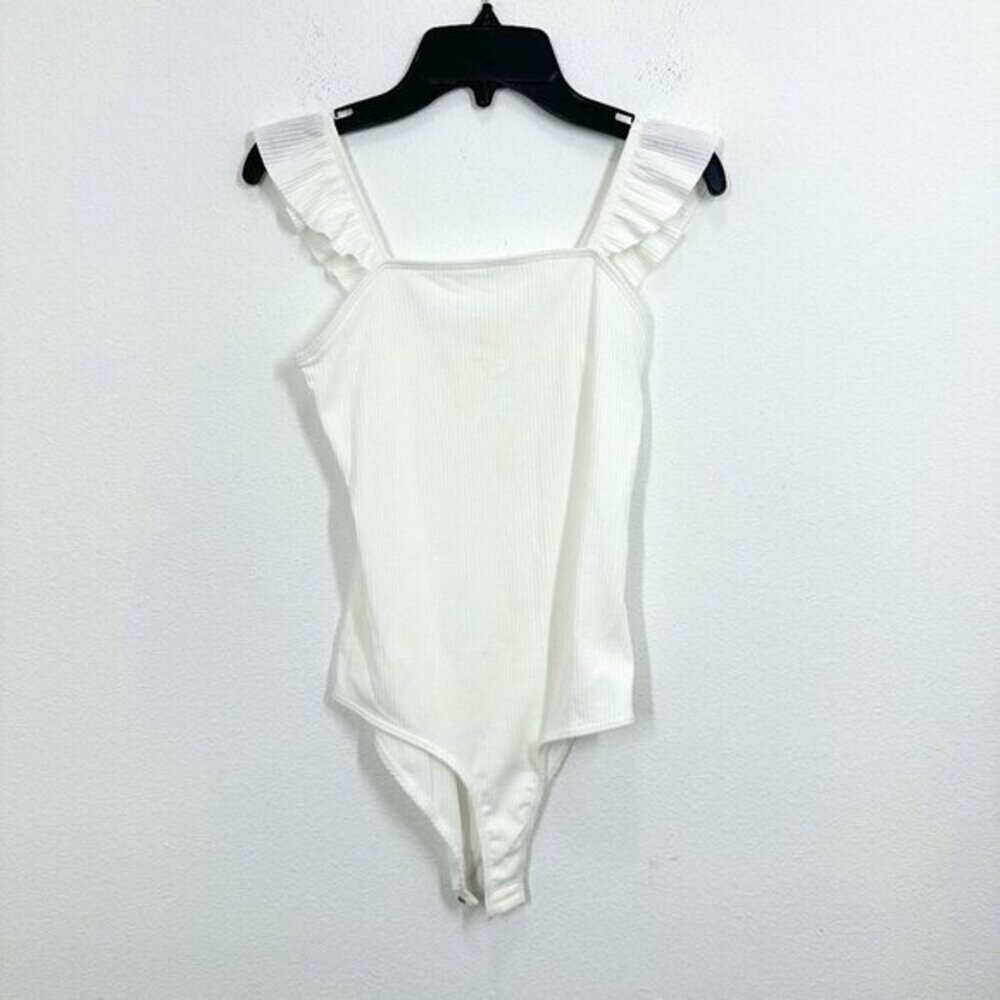 Walking on‎ Sunshine White Ribbed Bodysuit Tank Ruffle Sleeve Summer Brunch NWT